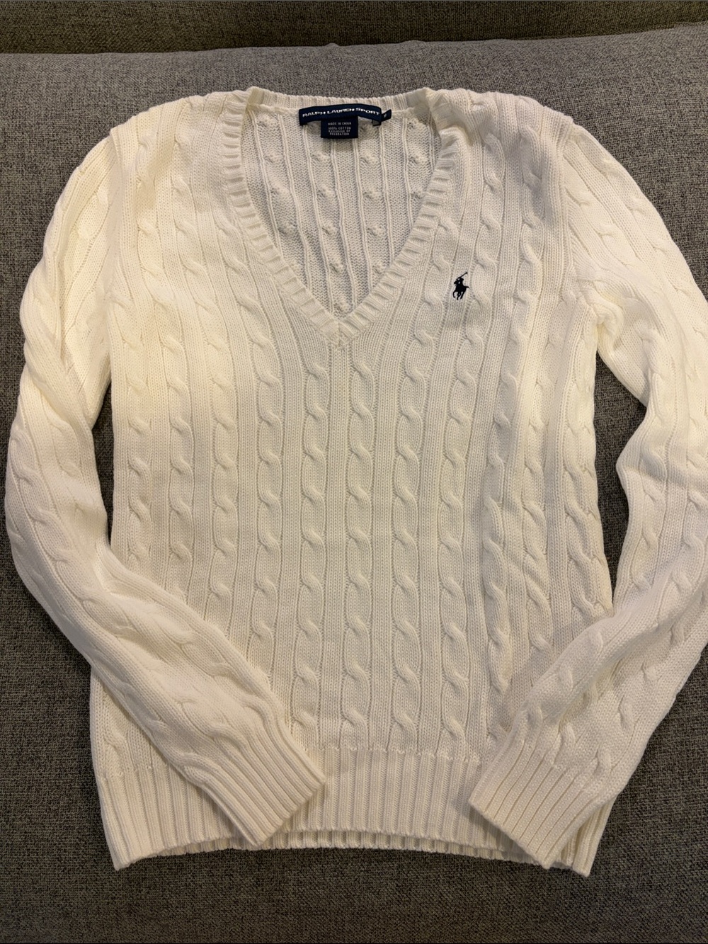 Ralph Lauren Cream Cable-Knit V-Neck Sweater with Pony Logo